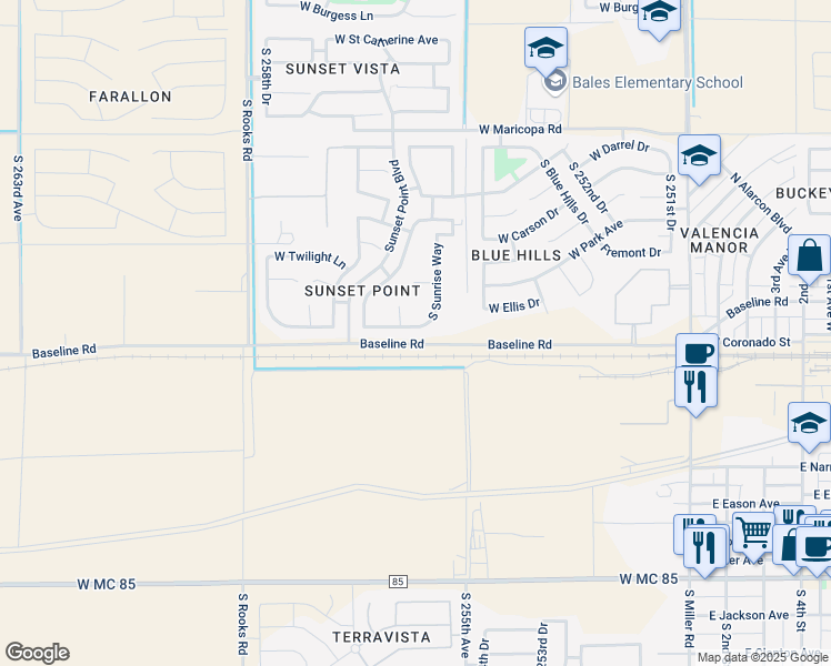 map of restaurants, bars, coffee shops, grocery stores, and more near 25603 West Satellite Lane in Buckeye