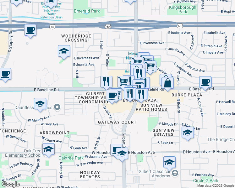map of restaurants, bars, coffee shops, grocery stores, and more near 1911 East Baseline Road in Gilbert