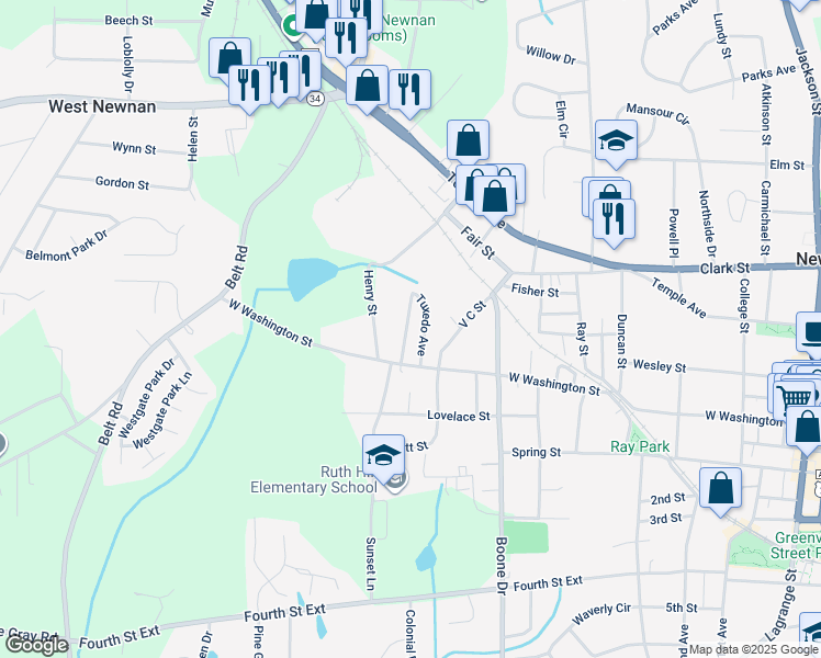 map of restaurants, bars, coffee shops, grocery stores, and more near 37 Domineck Street in Newnan