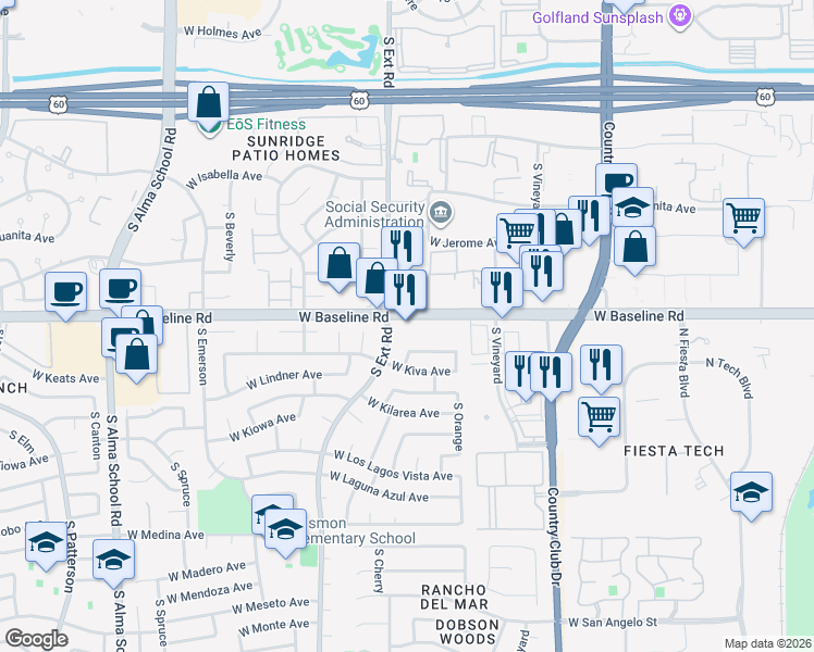 map of restaurants, bars, coffee shops, grocery stores, and more near 745 West Baseline Road in Mesa