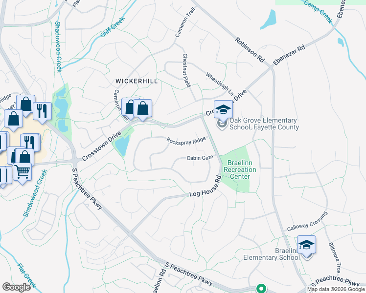 map of restaurants, bars, coffee shops, grocery stores, and more near 109 Cabin Gate in Peachtree City