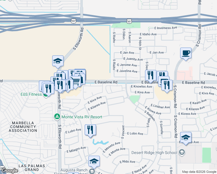 map of restaurants, bars, coffee shops, grocery stores, and more near 2024 South Baldwin in Mesa