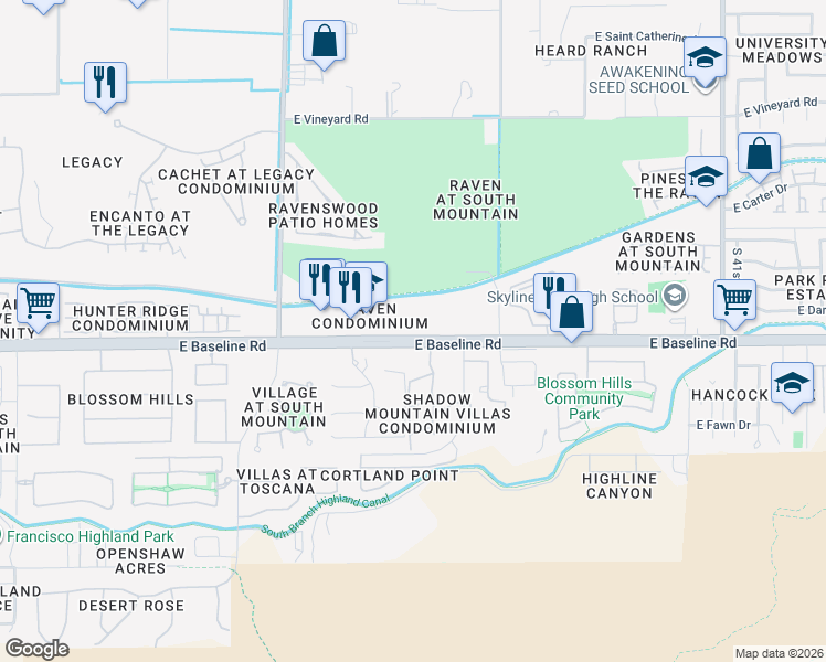map of restaurants, bars, coffee shops, grocery stores, and more near 3434 East Baseline Road in Phoenix