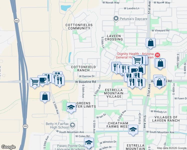 map of restaurants, bars, coffee shops, grocery stores, and more near 5504 West Darrow Drive in Phoenix