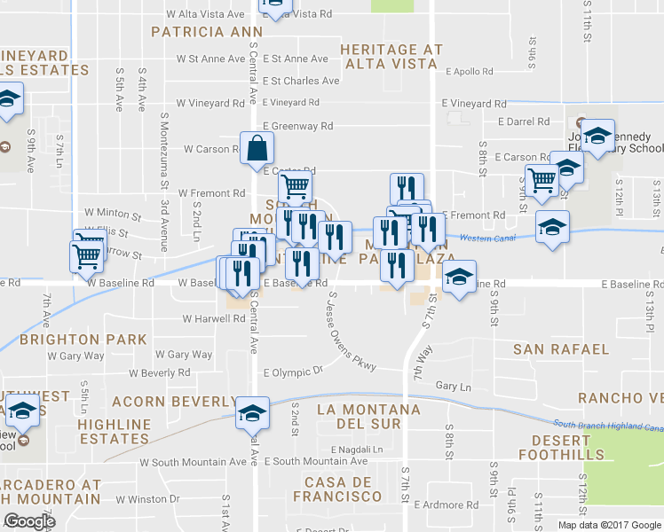 map of restaurants, bars, coffee shops, grocery stores, and more near 7440 S Jesse Owens Pkwy in Phoenix