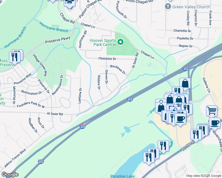 map of restaurants, bars, coffee shops, grocery stores, and more near 1401 Steven Drive in Birmingham