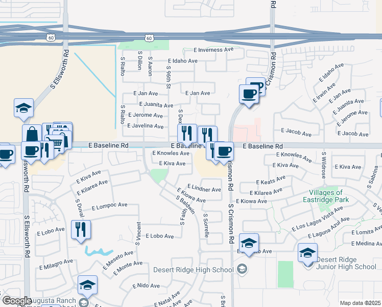 map of restaurants, bars, coffee shops, grocery stores, and more near 9898 East Knowles Avenue in Mesa
