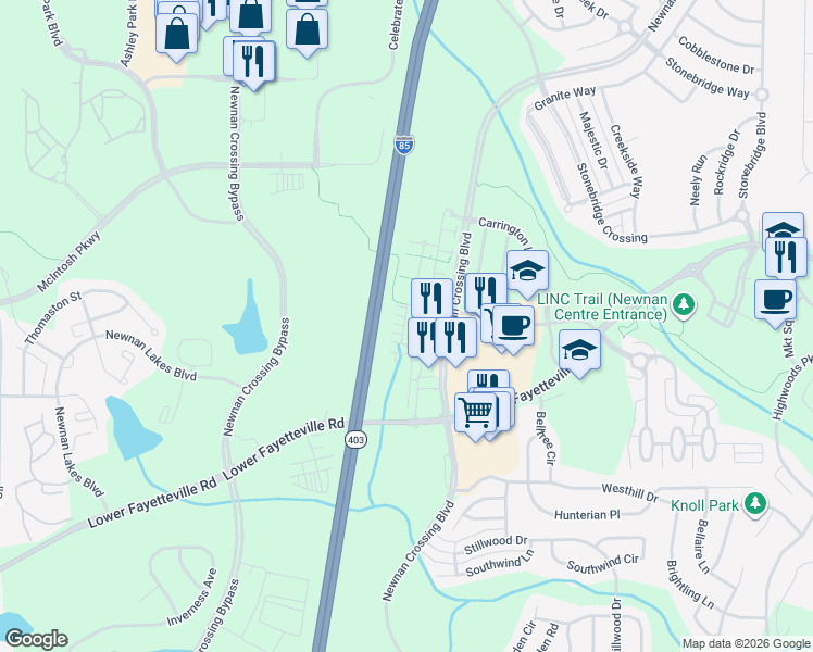 map of restaurants, bars, coffee shops, grocery stores, and more near Interstate 85 in Newnan
