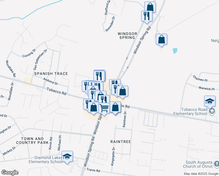 map of restaurants, bars, coffee shops, grocery stores, and more near 3693 Windsor Spring Road in Hephzibah