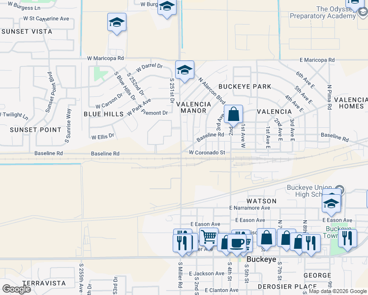 map of restaurants, bars, coffee shops, grocery stores, and more near 603 West Baseline Road in Buckeye