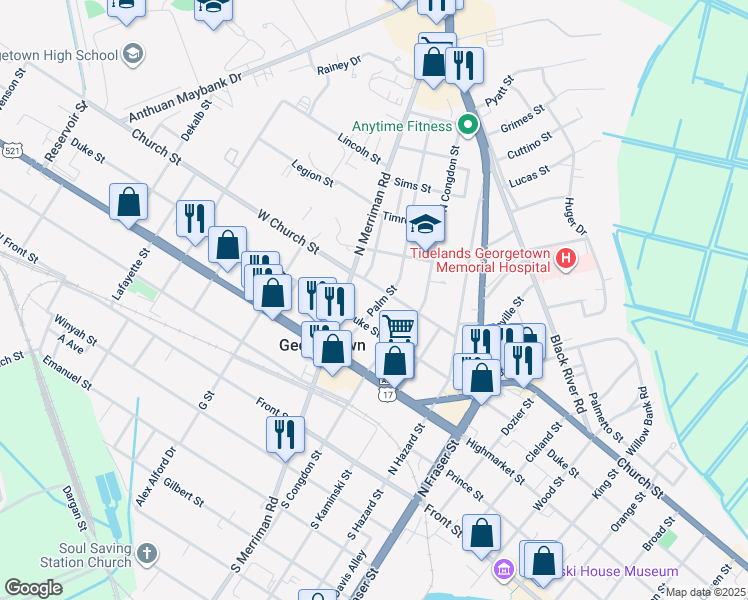 map of restaurants, bars, coffee shops, grocery stores, and more near 407 Palm Street in Georgetown