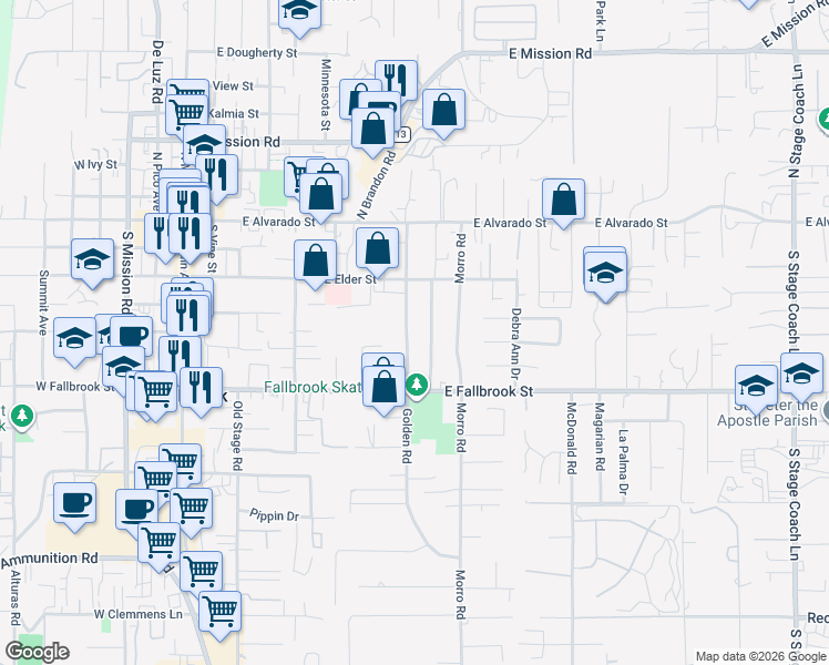 map of restaurants, bars, coffee shops, grocery stores, and more near 422 Potter Street in Fallbrook