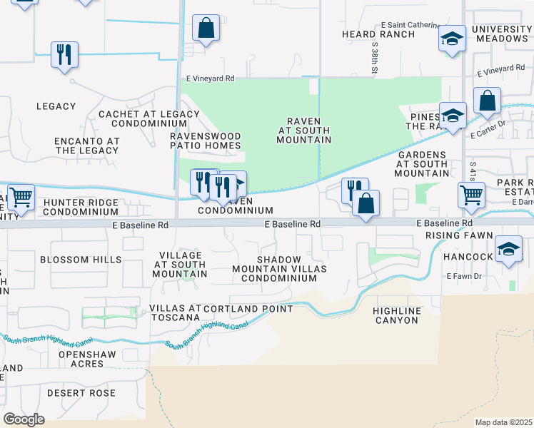 map of restaurants, bars, coffee shops, grocery stores, and more near 3434 East Baseline Road in Phoenix