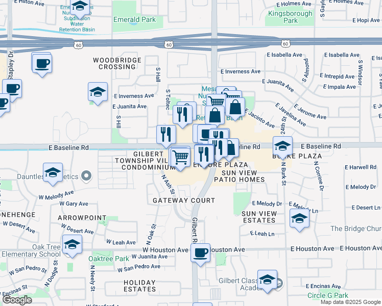 map of restaurants, bars, coffee shops, grocery stores, and more near 1911 East Baseline Road in Gilbert