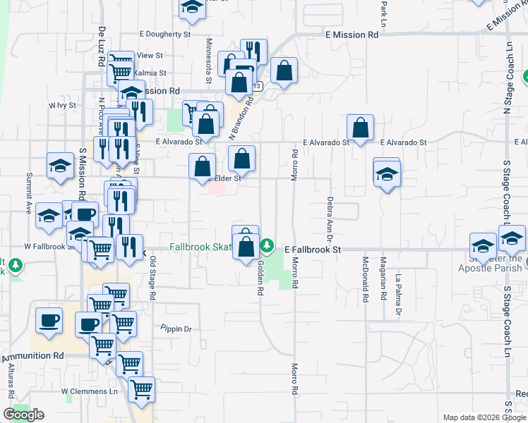 map of restaurants, bars, coffee shops, grocery stores, and more near 422 Potter Street in Fallbrook