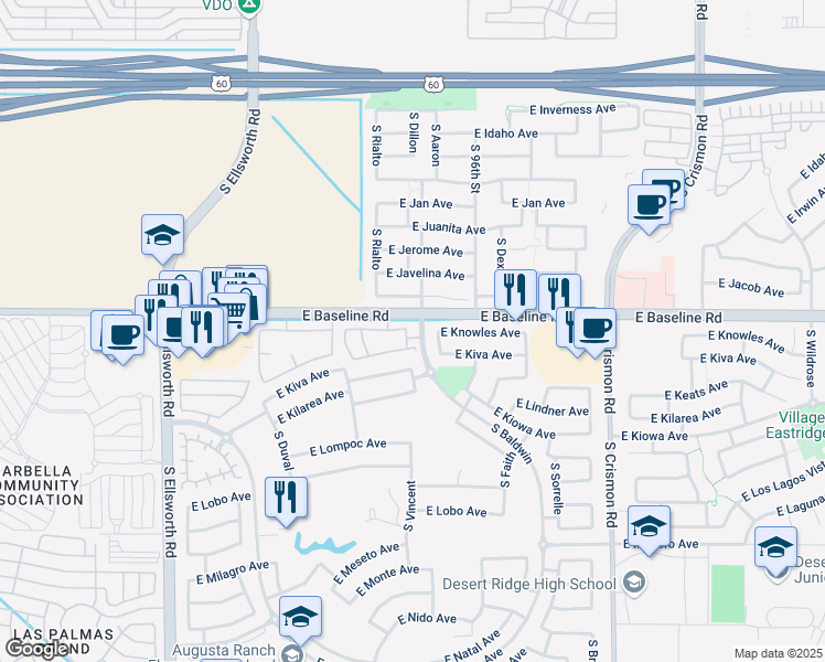 map of restaurants, bars, coffee shops, grocery stores, and more near Unnamed Road in Mesa