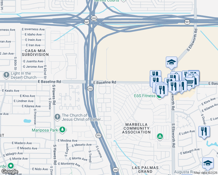 map of restaurants, bars, coffee shops, grocery stores, and more near 2043 South Gordon in Mesa