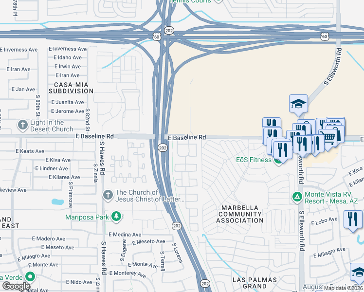 map of restaurants, bars, coffee shops, grocery stores, and more near 8724 East Kiva Avenue in Mesa