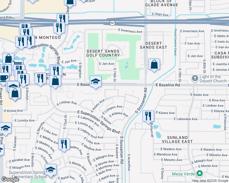 map of restaurants, bars, coffee shops, grocery stores, and more near 7452 East Keats Avenue in Mesa