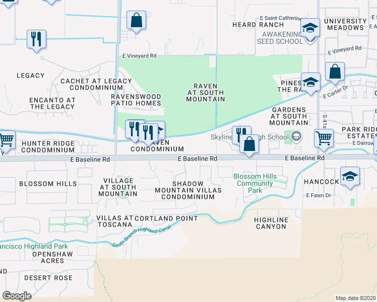 map of restaurants, bars, coffee shops, grocery stores, and more near 3511 East Baseline Road in Phoenix