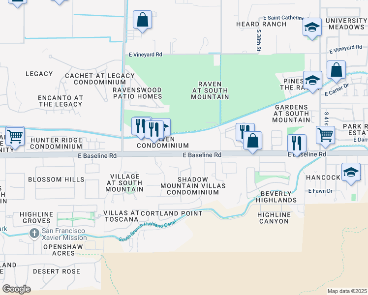 map of restaurants, bars, coffee shops, grocery stores, and more near 3434 East Baseline Road in Phoenix