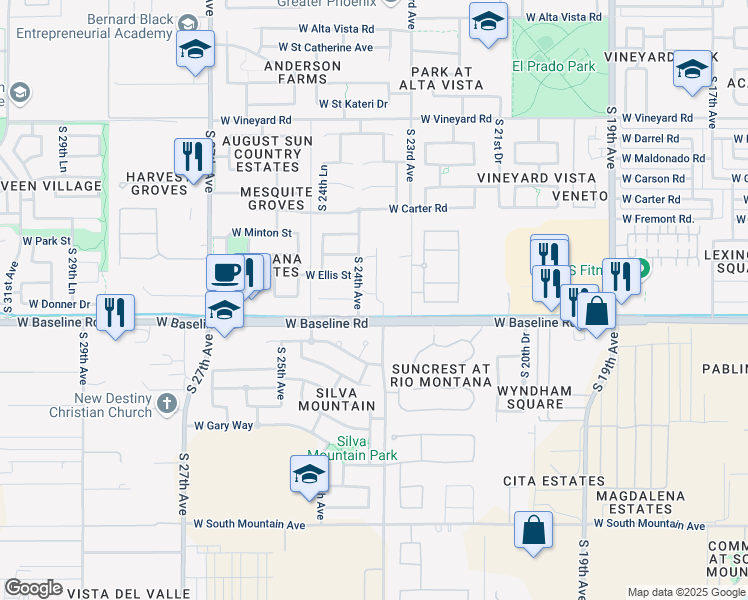 map of restaurants, bars, coffee shops, grocery stores, and more near 2340 West Baseline Road in Phoenix