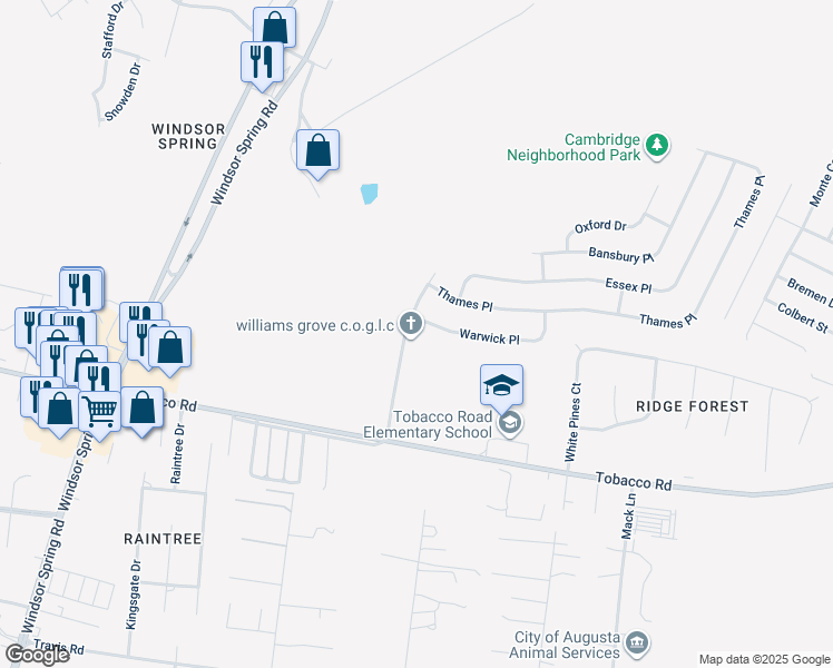 map of restaurants, bars, coffee shops, grocery stores, and more near 3022 Manchester Drive in Hephzibah