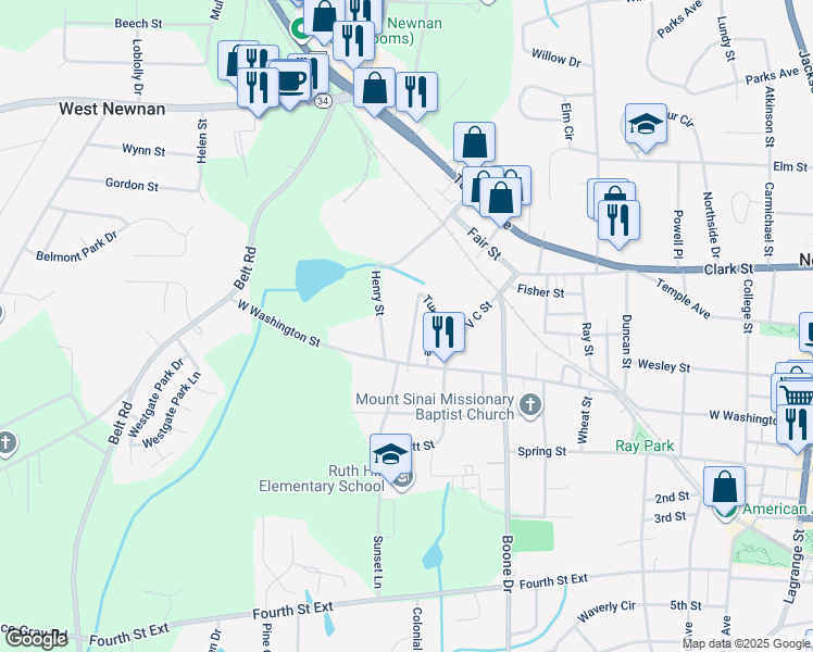 map of restaurants, bars, coffee shops, grocery stores, and more near 31 Domineck Street in Newnan