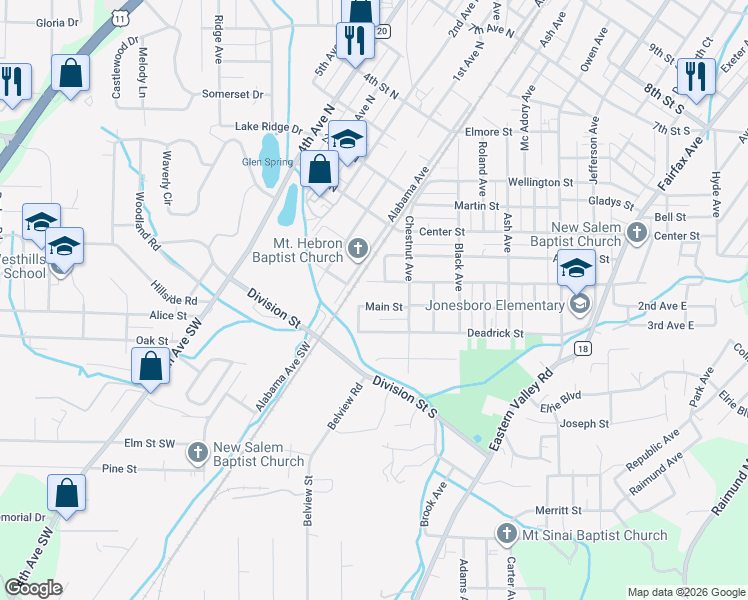 map of restaurants, bars, coffee shops, grocery stores, and more near 2G Main Street in Bessemer