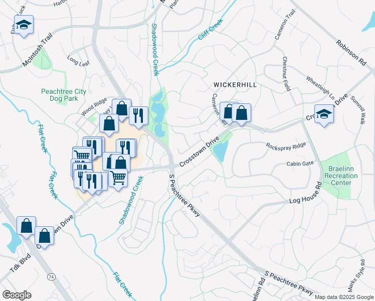 map of restaurants, bars, coffee shops, grocery stores, and more near 408 Rock Creek Drive in Peachtree City