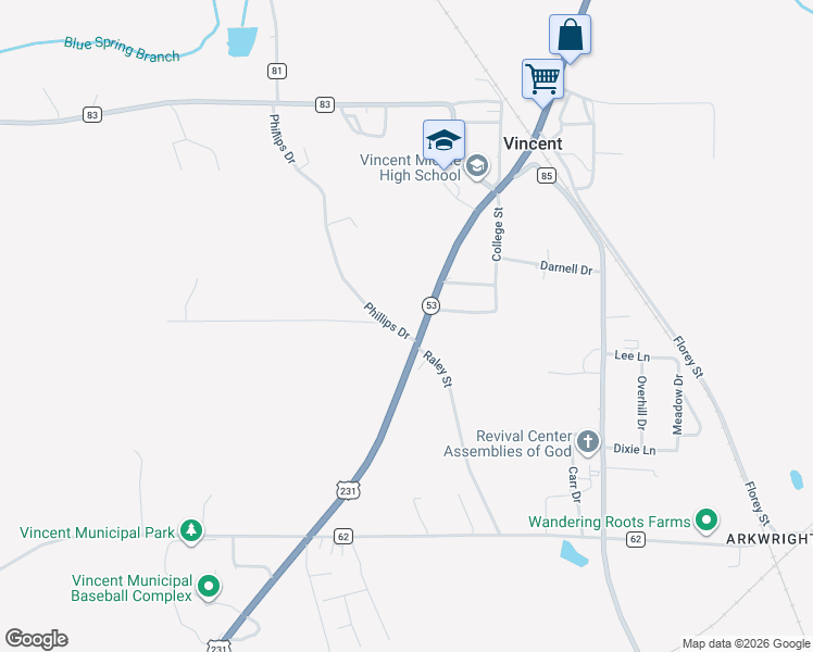 map of restaurants, bars, coffee shops, grocery stores, and more near 30 Phillips Drive in Vincent