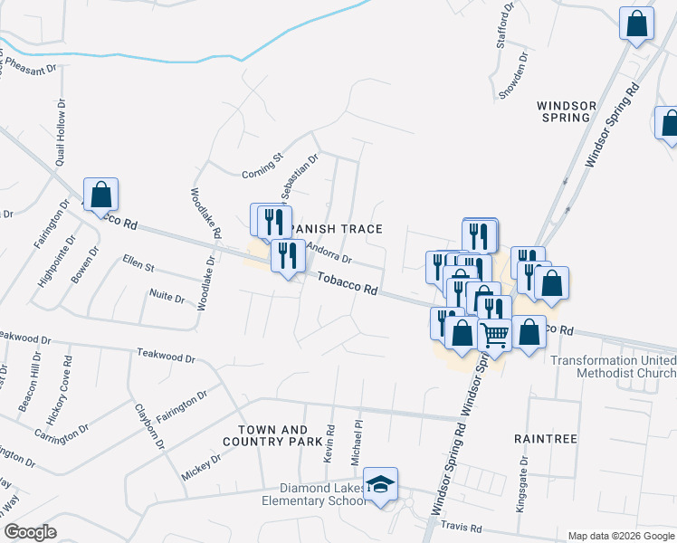 map of restaurants, bars, coffee shops, grocery stores, and more near 2557 Tobacco Road in Hephzibah