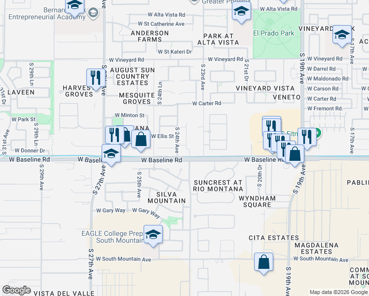 map of restaurants, bars, coffee shops, grocery stores, and more near 2340 West Baseline Road in Phoenix