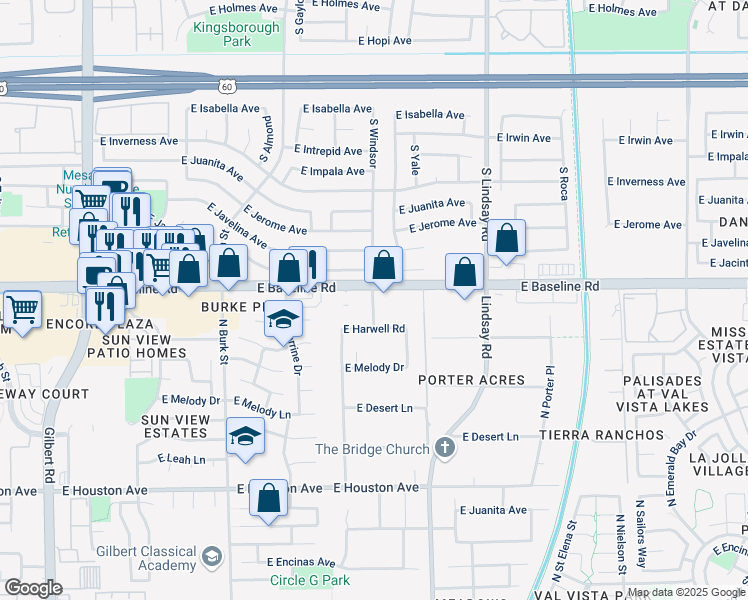 map of restaurants, bars, coffee shops, grocery stores, and more near 2551 East Baseline Road in Gilbert