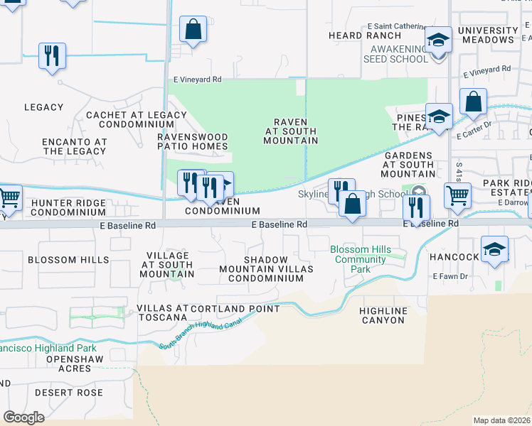 map of restaurants, bars, coffee shops, grocery stores, and more near 3511 East Baseline Road in Phoenix
