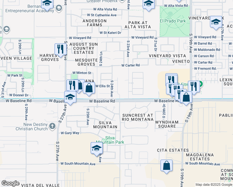 map of restaurants, bars, coffee shops, grocery stores, and more near 2340 West Baseline Road in Phoenix