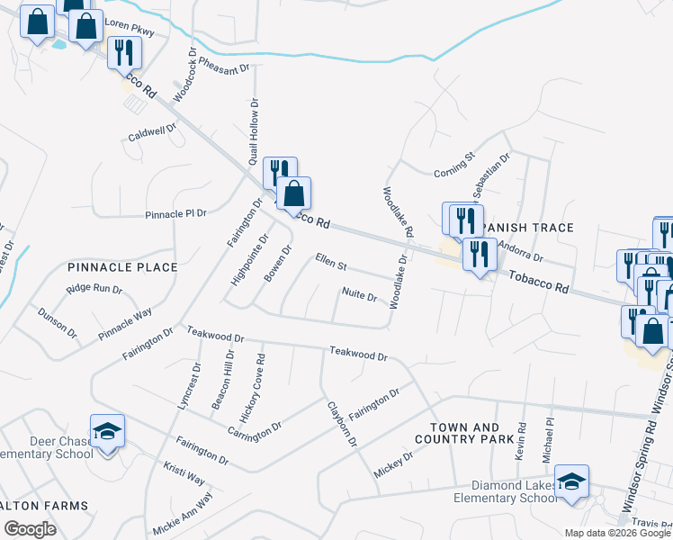 map of restaurants, bars, coffee shops, grocery stores, and more near 4019 Ella Court in Hephzibah