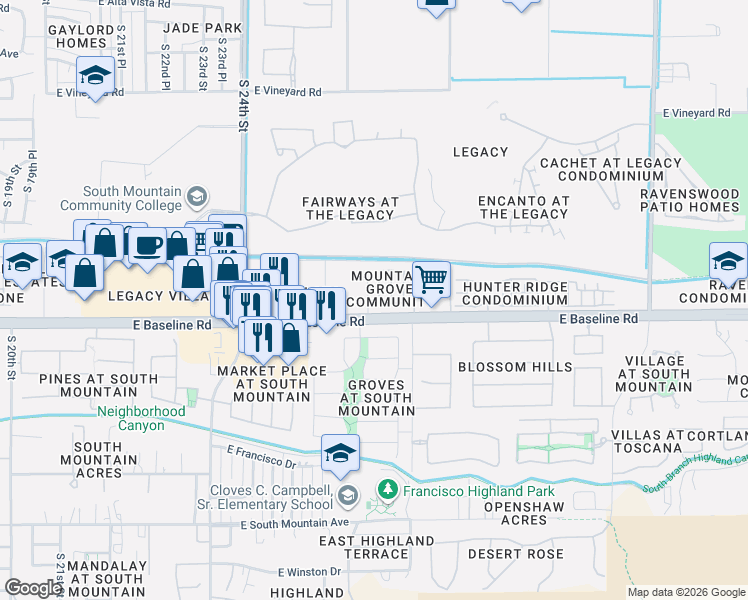 map of restaurants, bars, coffee shops, grocery stores, and more near 2707 East Donner Drive in Phoenix