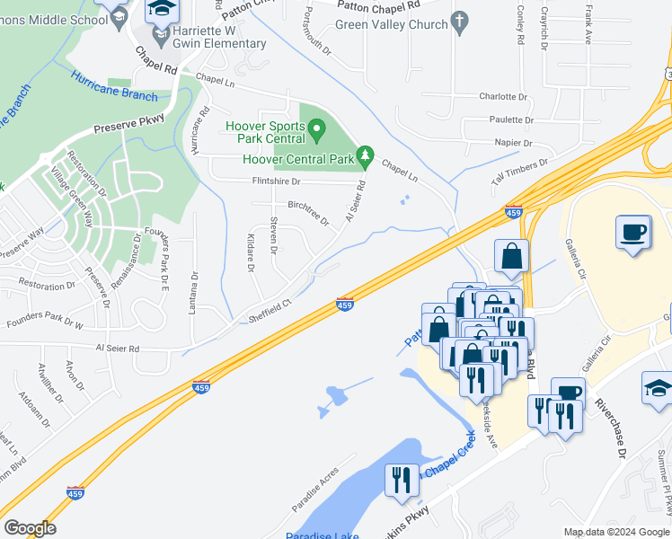 map of restaurants, bars, coffee shops, grocery stores, and more near 348 Amber Lane in Birmingham