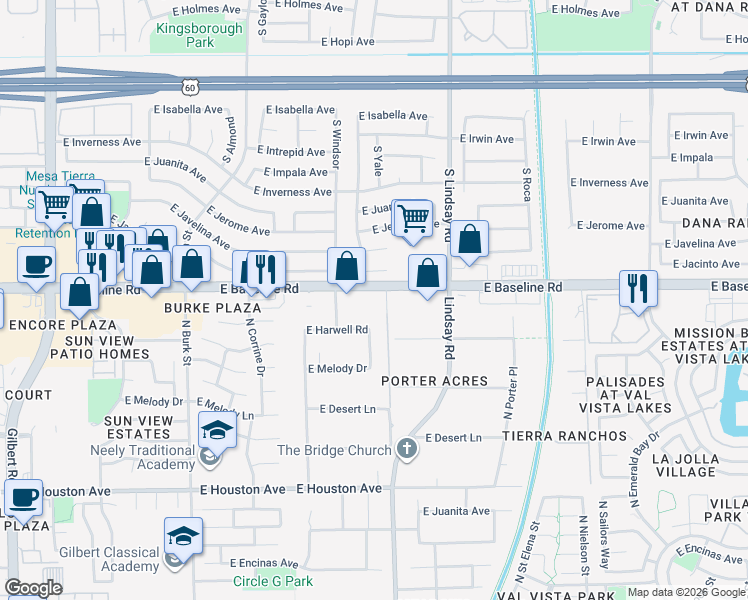 map of restaurants, bars, coffee shops, grocery stores, and more near 2679 East Baseline Road in Gilbert