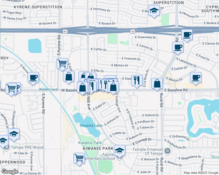 map of restaurants, bars, coffee shops, grocery stores, and more near 208 East Baseline Road in Tempe