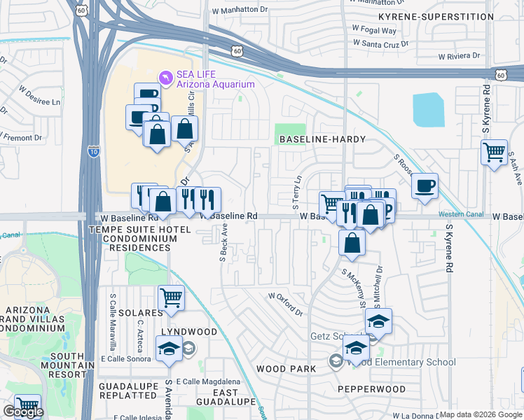 map of restaurants, bars, coffee shops, grocery stores, and more near 1219 West Baseline Road in Tempe