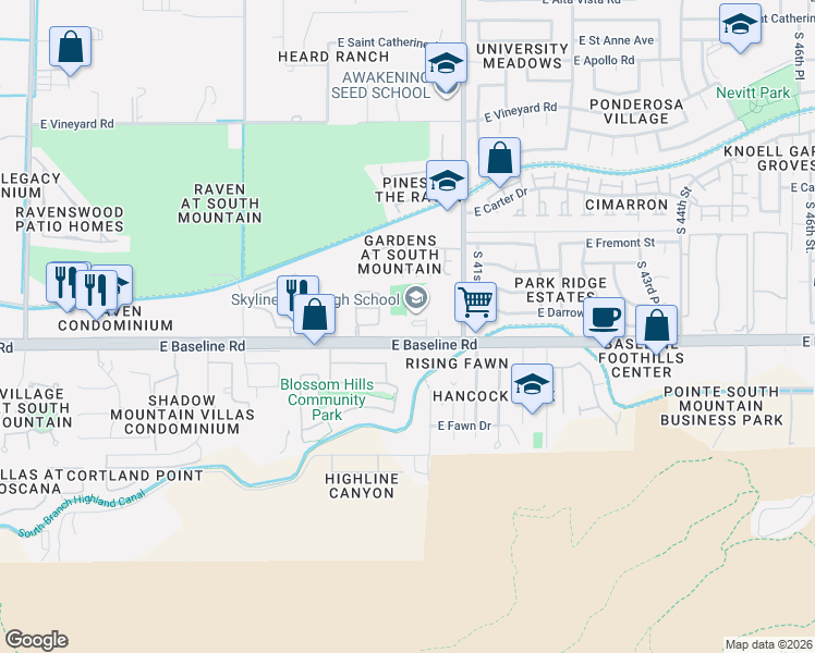 map of restaurants, bars, coffee shops, grocery stores, and more near 3921 East Baseline Road in Phoenix