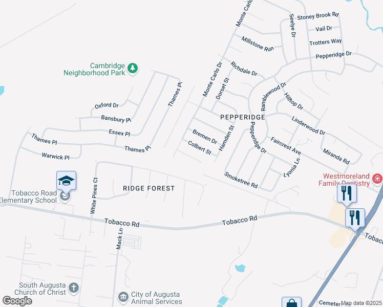 map of restaurants, bars, coffee shops, grocery stores, and more near 3820 Winchester Court in Augusta