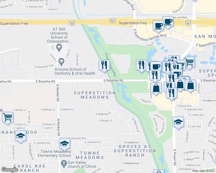 map of restaurants, bars, coffee shops, grocery stores, and more near 4368 East Harwell Court in Gilbert