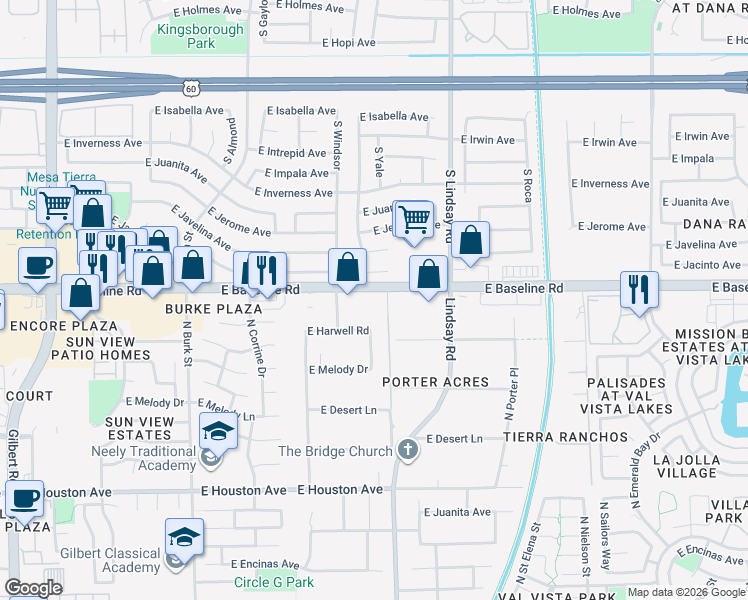 map of restaurants, bars, coffee shops, grocery stores, and more near 2679 East Baseline Road in Gilbert
