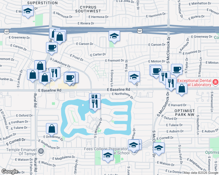 map of restaurants, bars, coffee shops, grocery stores, and more near 1304 East Northshore Drive in Tempe
