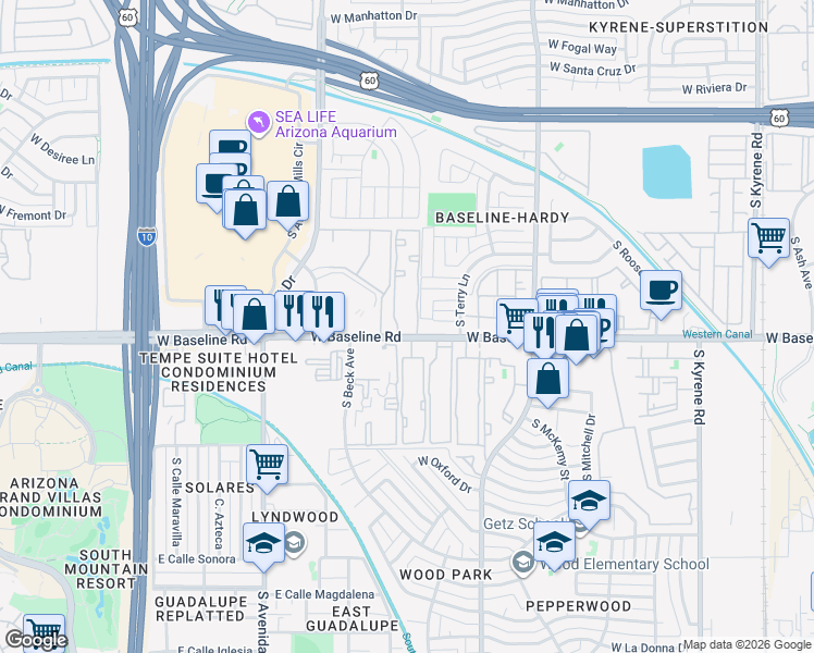 map of restaurants, bars, coffee shops, grocery stores, and more near 1219 West Baseline Road in Tempe