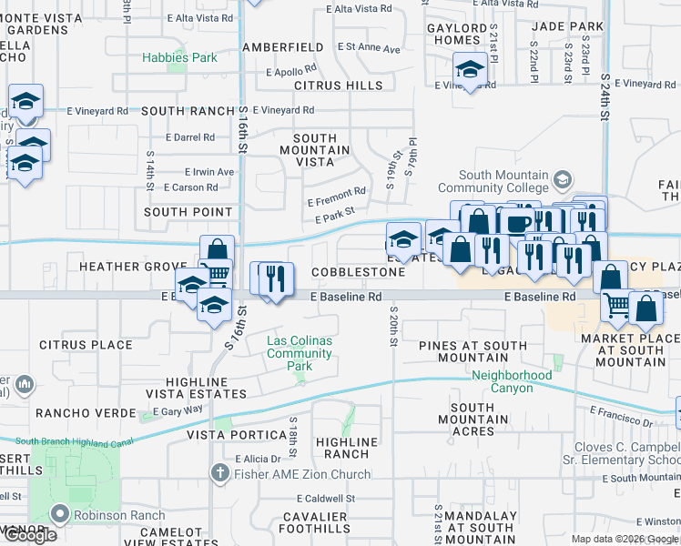 map of restaurants, bars, coffee shops, grocery stores, and more near 1809 East Donner Drive in Phoenix