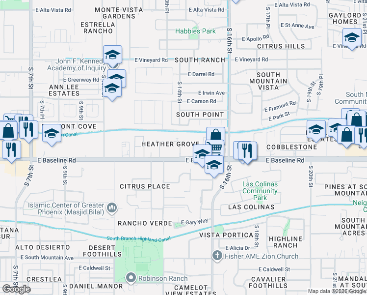 map of restaurants, bars, coffee shops, grocery stores, and more near 7557-7599 South 14th Street in Phoenix